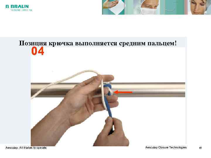    Позиция крючка выполняется средним пальцем!     04 Aesculap.
