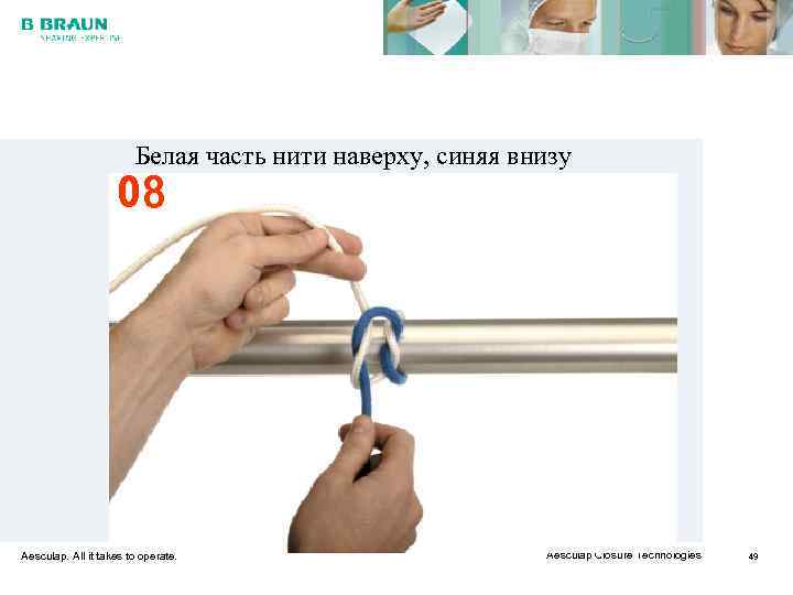     Белая часть нити наверху, синяя внизу    