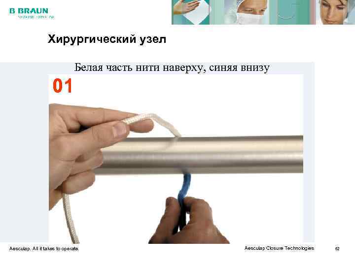    Хирургический узел       Белая часть нити