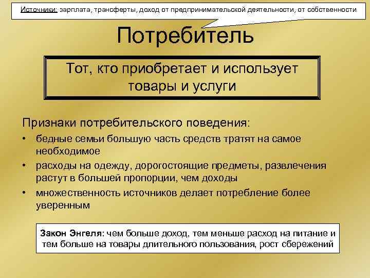 Источники: зарплата, трансферты, доход от предпринимательской деятельности, от собственности Потребитель Источники: зарплата, трансферты, доход от предпринимательской деятельности, от собственности Потребитель