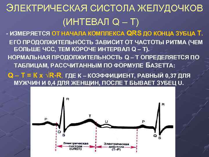 ЭЛЕКТРИЧЕСКАЯ СИСТОЛА ЖЕЛУДОЧКОВ   (ИНТЕВАЛ Q – Т) - ИЗМЕРЯЕТСЯ ОТ НАЧАЛА КОМПЛЕКСА