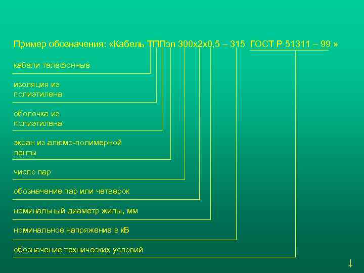 Пример обозначения:  «Кабель ТППэп 300 х2 х0, 5 – 315 ГОСТ Р 51311