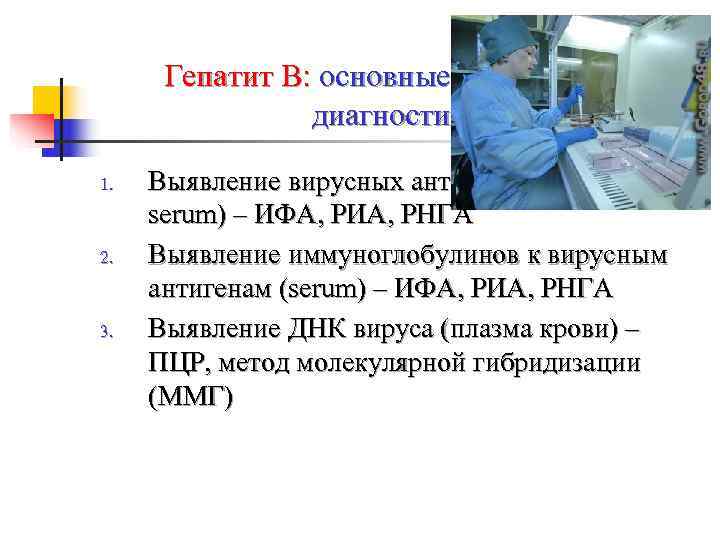  Гепатит В: основные направления   диагностики 1.  Выявление вирусных антигенов (биоптат,