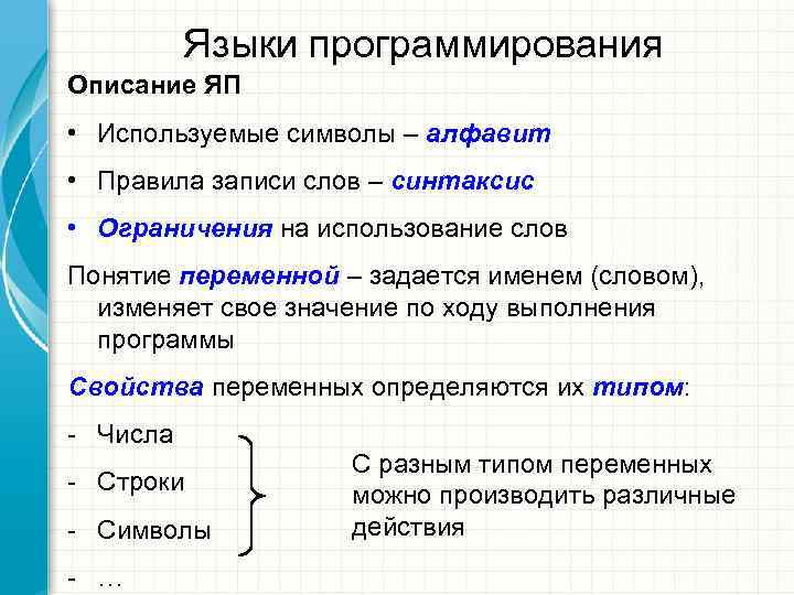    Языки программирования Описание ЯП • Используемые символы – алфавит • Правила
