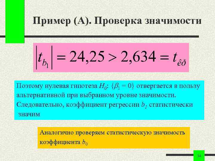 Пример (A). Проверка значимости Поэтому нулевая гипотеза H 0: { 1 = 0} Пример (A). Проверка значимости Поэтому нулевая гипотеза H 0: { 1 = 0}