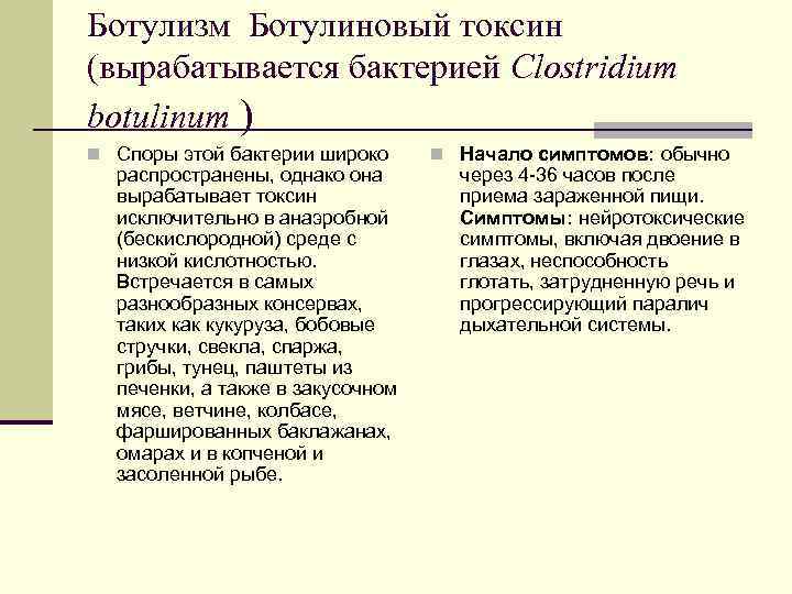 Ботулизм Ботулиновый токсин (вырабатывается бактерией Clostridium botulinum ) n Споры этой бактерии широко Ботулизм Ботулиновый токсин (вырабатывается бактерией Clostridium botulinum ) n Споры этой бактерии широко