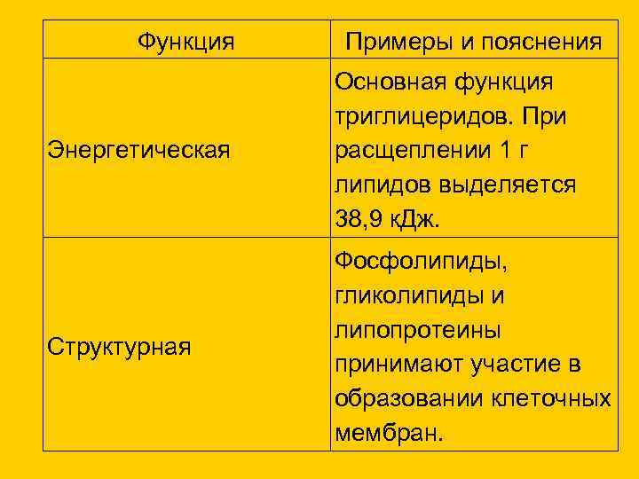  Функция  Примеры и пояснения   Основная функция   триглицеридов. При