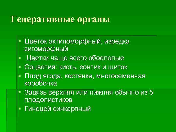 Генеративные органы  § Цветок актиноморфный, изредка  зигоморфный § Цветки чаще всего обоеполые