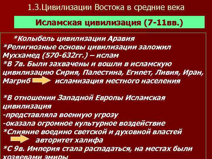  1. 3. Цивилизации Востока в средние века   Исламская цивилизация (7 -11