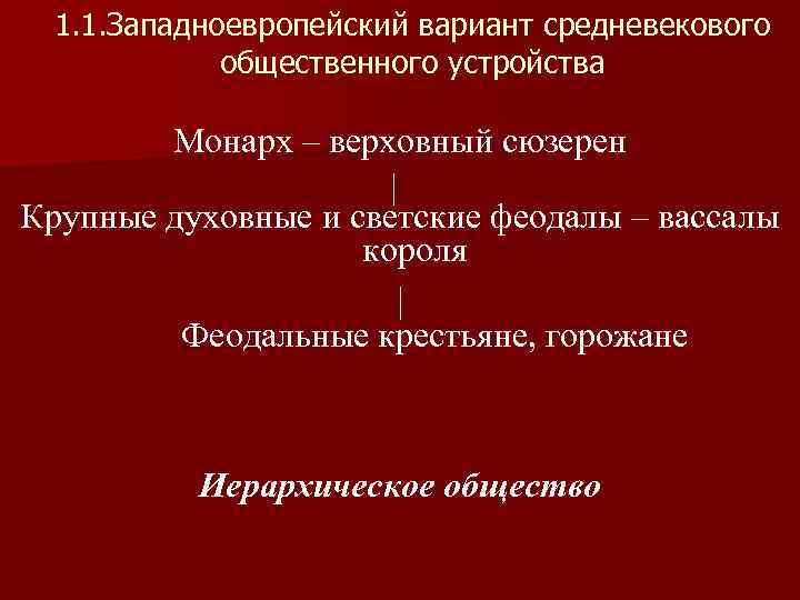  1. 1. Западноевропейский вариант средневекового   общественного устройства  Монарх – верховный