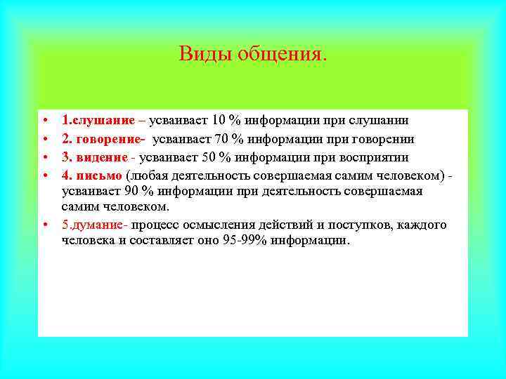    Виды общения.  • 1. слушание – усваивает 10 %