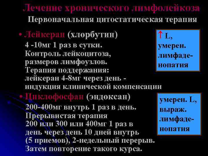 Лечение хронического лимфолейкоза Первоначальная цитостатическая терапия • Лейкеран (хлорбутин)   L,  4