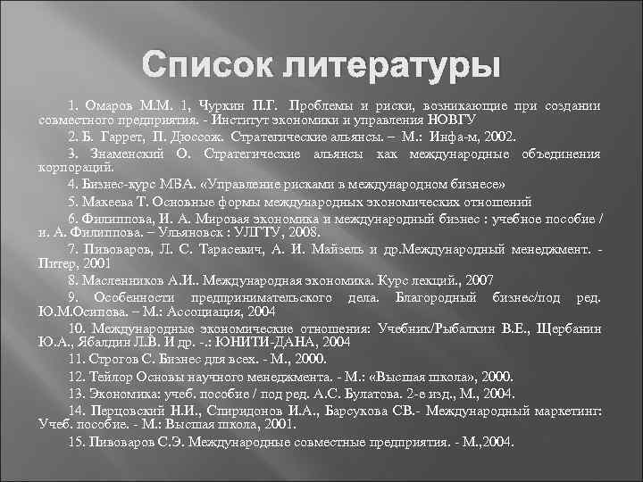    Список литературы 1.  Омаров М. М.  1,  Чуркин