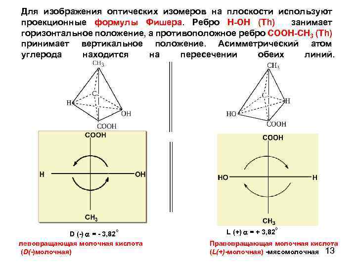 Для изображения оптических изомеров на плоскости используют проекционные формулы Фишера. Ребро Н-ОH (Th) занимает