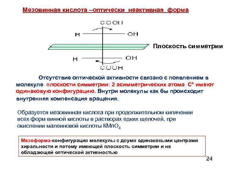 Мезовинная кислота –оптически неактивная форма Плоскость симметрии Отсутствие оптической активности связано с появлением в