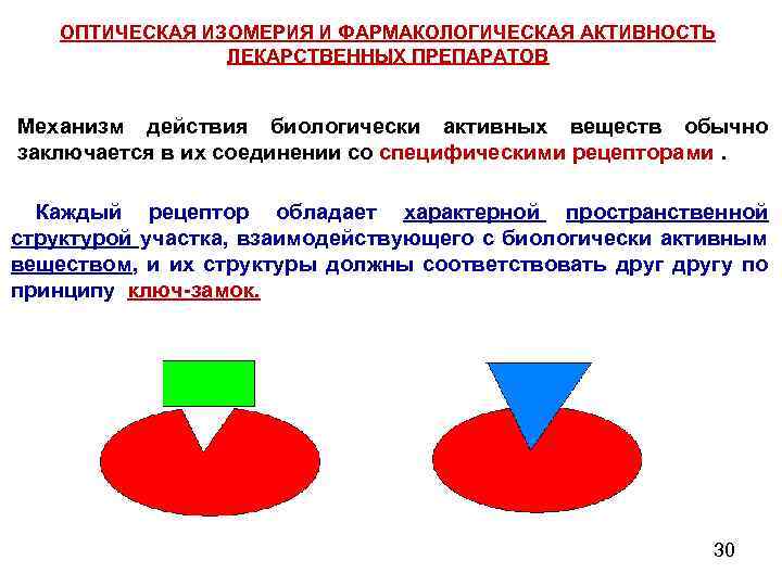 ОПТИЧЕСКАЯ ИЗОМЕРИЯ И ФАРМАКОЛОГИЧЕСКАЯ АКТИВНОСТЬ ЛЕКАРСТВЕННЫХ ПРЕПАРАТОВ Механизм действия биологически активных веществ обычно заключается