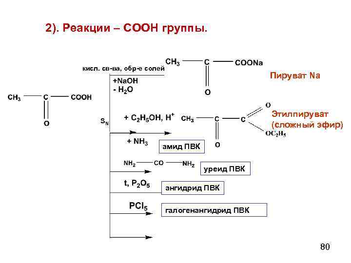 2). Реакции – СООН группы. кисл. св-ва, обр-е солей Пируват Na Этилпируват (сложный эфир)