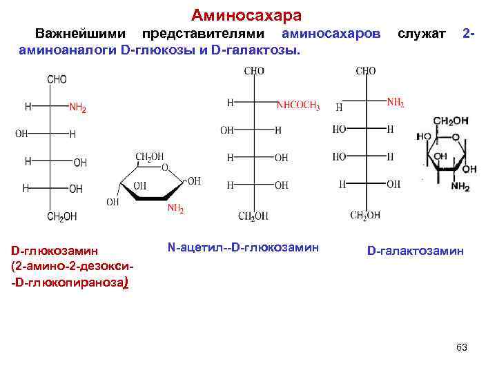 Аминосахара Важнейшими представителями аминосахаров служат 2 аминоаналоги D-глюкозы и D-галактозы. D-глюкозамин (2 -амино-2 -дезокси-D-глюкопираноза)