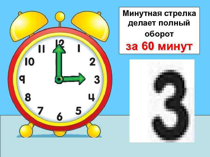 Минутная стрелка делает полный оборот за 60 минут 