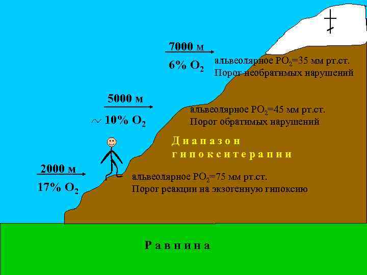 7000 м 6% О 2 альвеолярное РО 2=35 мм рт. ст. Порог необратимых нарушений