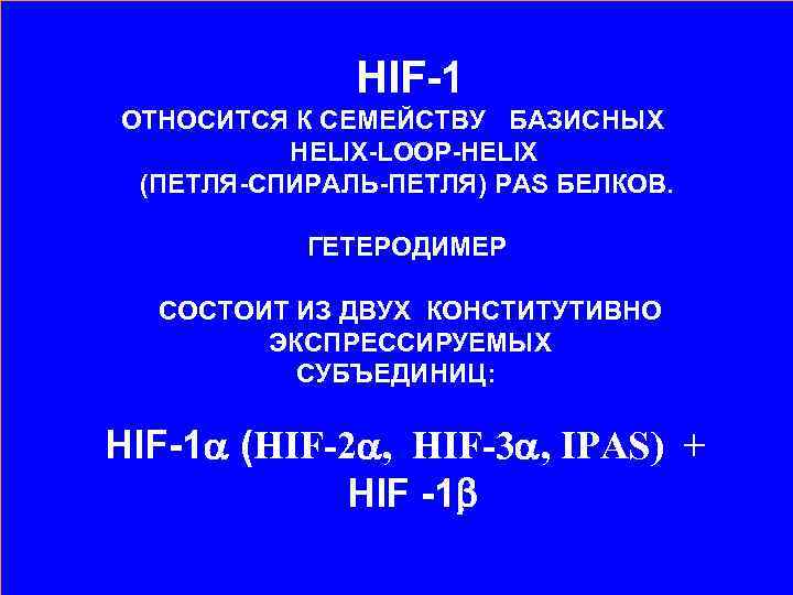 HIF-1 ОТНОСИТСЯ К СЕМЕЙСТВУ БАЗИСНЫХ HELIX-LOOP-HELIX (ПЕТЛЯ-СПИРАЛЬ-ПЕТЛЯ) PAS БЕЛКОВ. ГЕТЕРОДИМЕР СОСТОИТ ИЗ ДВУХ КОНСТИТУТИВНО