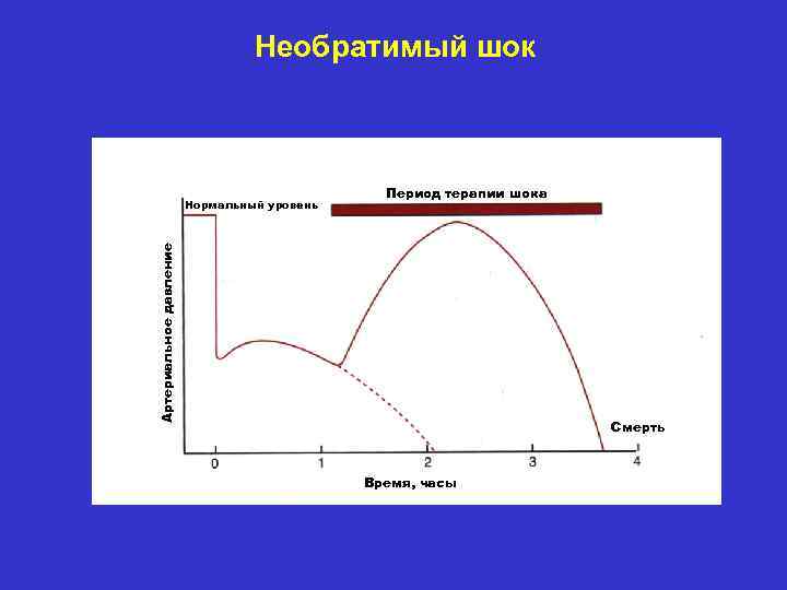 Необратимый шок Период терапии шока Артериальное давление Нормальный уровень Смерть Время, часы 