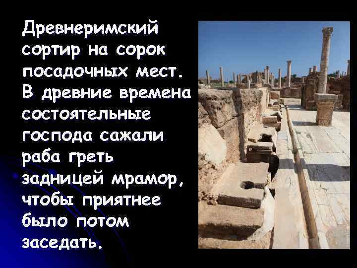 Древнеримский сортир на сорок посадочных мест. В древние времена состоятельные господа сажали раба греть