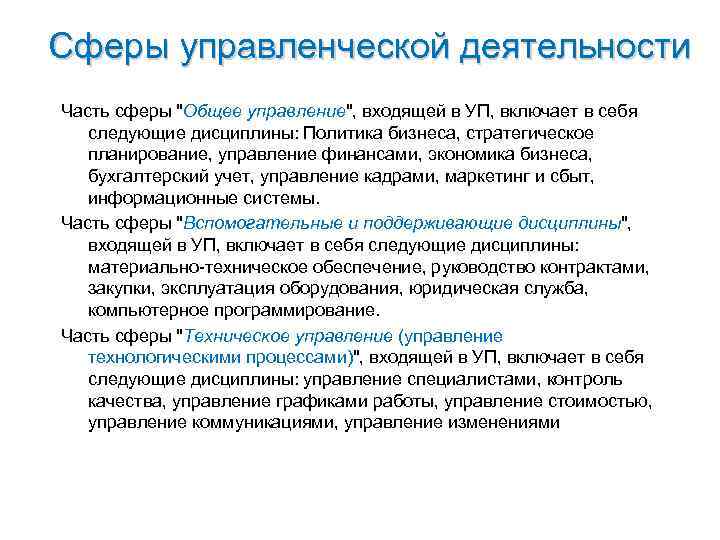 Сферы управленческой деятельности Часть сферы 