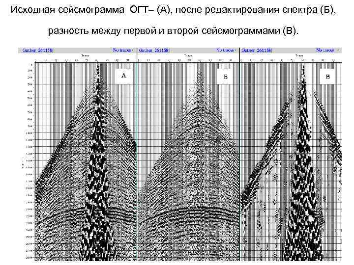 Исходная сейсмограмма ОГТ– (А), после редактирования спектра (Б),   разность между первой и