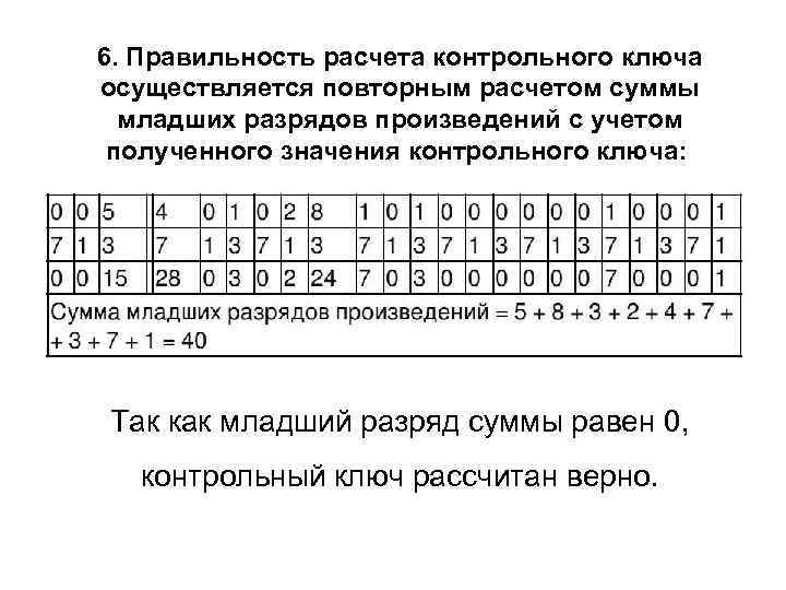 6. Правильность расчета контрольного ключа осуществляется повторным расчетом суммы  младших разрядов произведений с