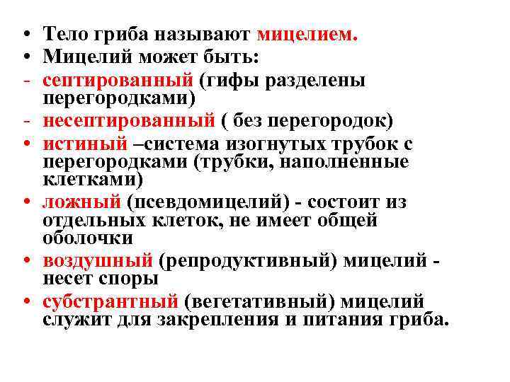  • Тело гриба называют мицелием.  • Мицелий может быть: - септированный (гифы