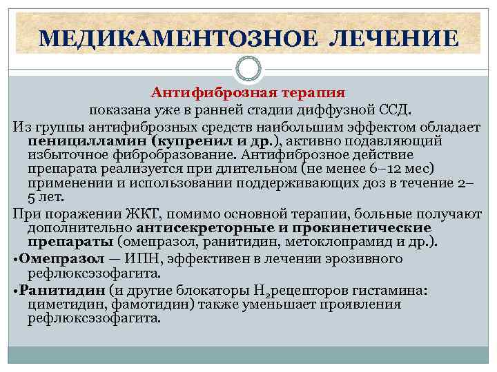  МЕДИКАМЕНТОЗНОЕ ЛЕЧЕНИЕ     Антифиброзная терапия  показана уже в