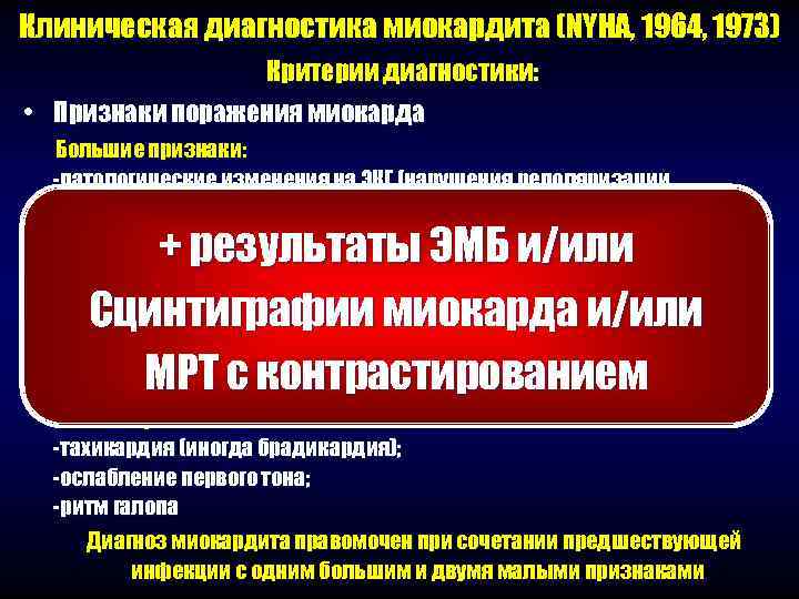 Клиническая диагностика миокардита (NYHA, 1964, 1973)    Критерии диагностики:  • Признаки