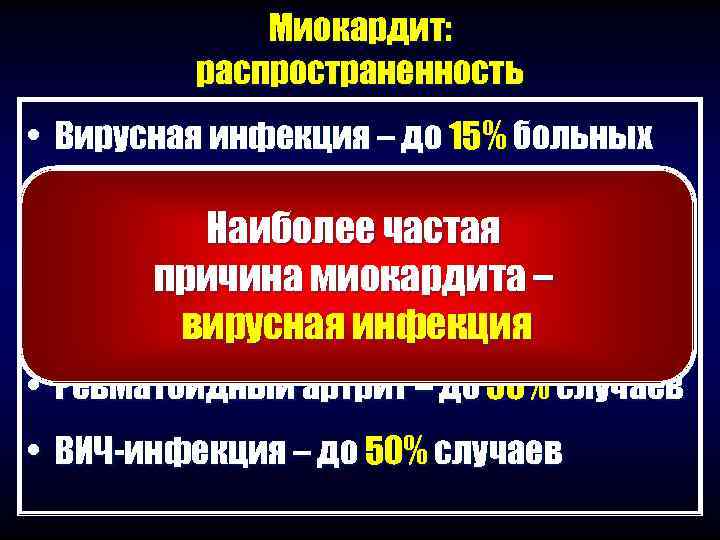    Миокардит:  распространенность • Вирусная инфекция – до 15% больных •