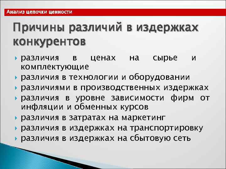 Анализ цепочки ценности Причины различий в издержках  конкурентов  различия  в 
