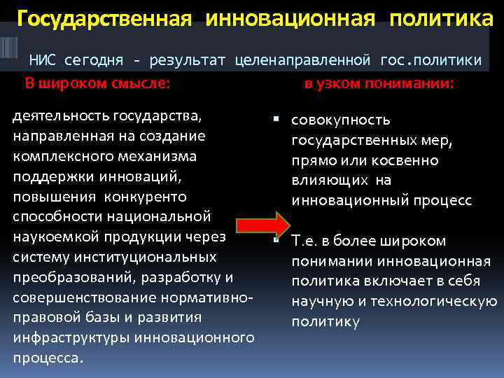 Государственная инновационная политика НИС сегодня - результат целенаправленной гос. политики в узком понимании: В