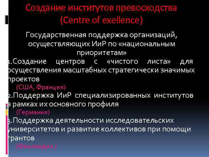 Создание институтов превосходства (Centre of exellence) Государственная поддержка организаций, осуществляющих Ии. Р по «национальным