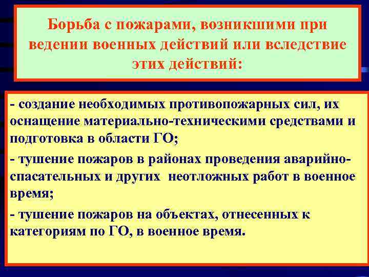   Борьба с пожарами, возникшими при  ведении военных действий или вследствие 
