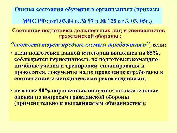  Оценка состояния обучения в организациях (приказы МЧС РФ: от1. 03. 04 г. №