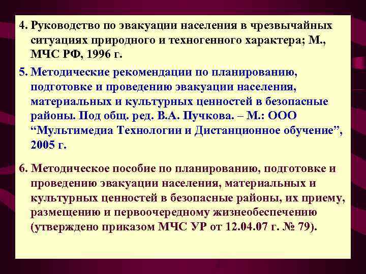4. Руководство по эвакуации населения в чрезвычайных  ситуациях природного и техногенного характера; М.