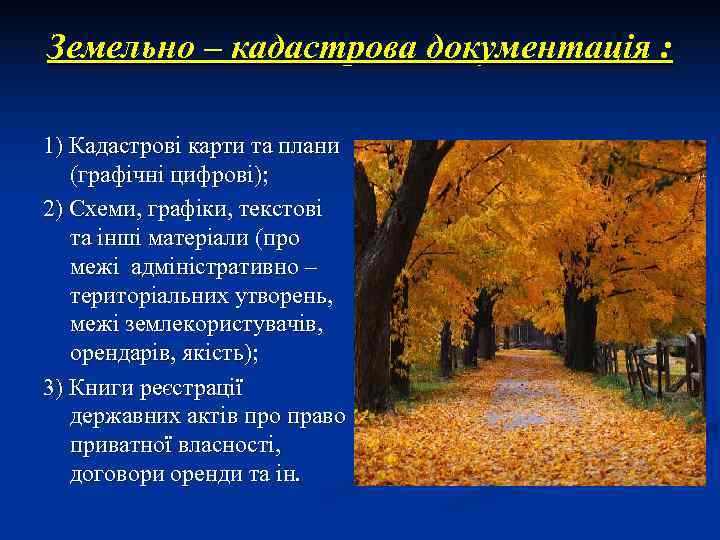 Земельно – кадастрова документація :  1) Кадастрові карти та плани  (графічні цифрові);