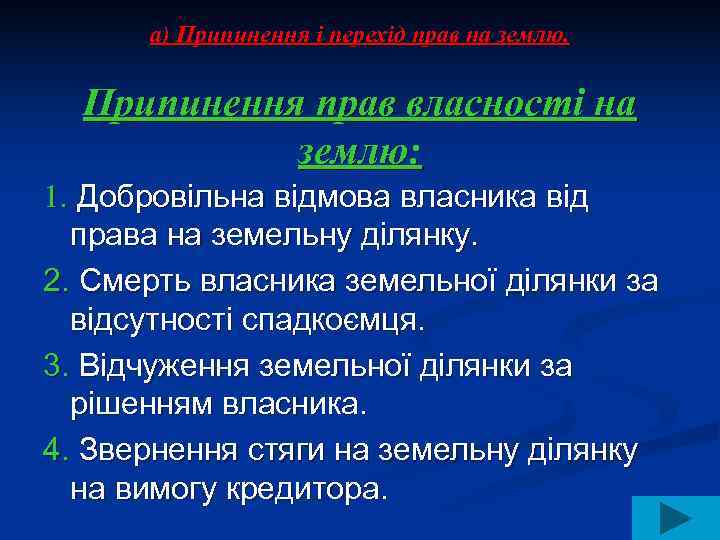  а) Припинення і перехід прав на землю. Припинення прав власності на  