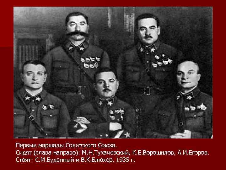 Первые маршалы Советского Союза. Сидят (слава направо): М. Н. Тухачевский, К. Е. Ворошилов, А.