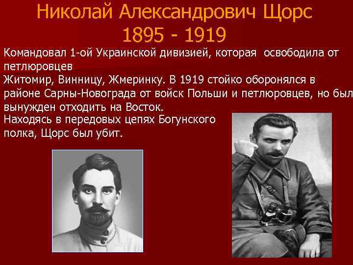  Николай Александрович Щорс   1895 - 1919 Командовал 1 -ой Украинской дивизией,