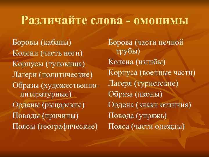  Различайте слова - омонимы Боровы (кабаны)   Борова (части печной Колени (часть