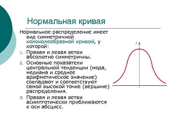  Нормальная кривая Нормальное распределение имеет  вид симметричной  колообразной кривой, у 