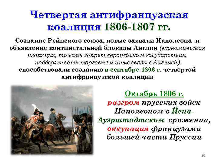  Четвертая антифранцузская   коалиция 1806 -1807 гг.  Создание Рейнского союза, новые