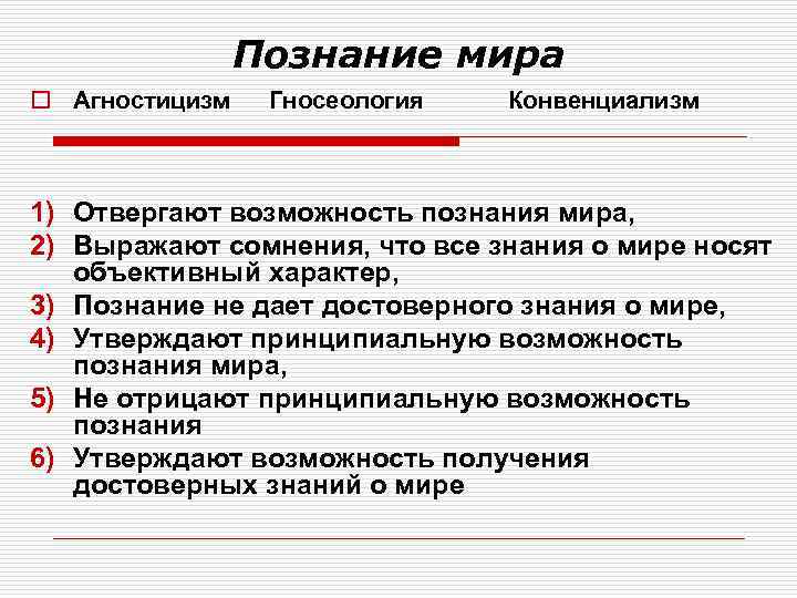     Познание мира o Агностицизм  Гносеология  Конвенциализм  1)