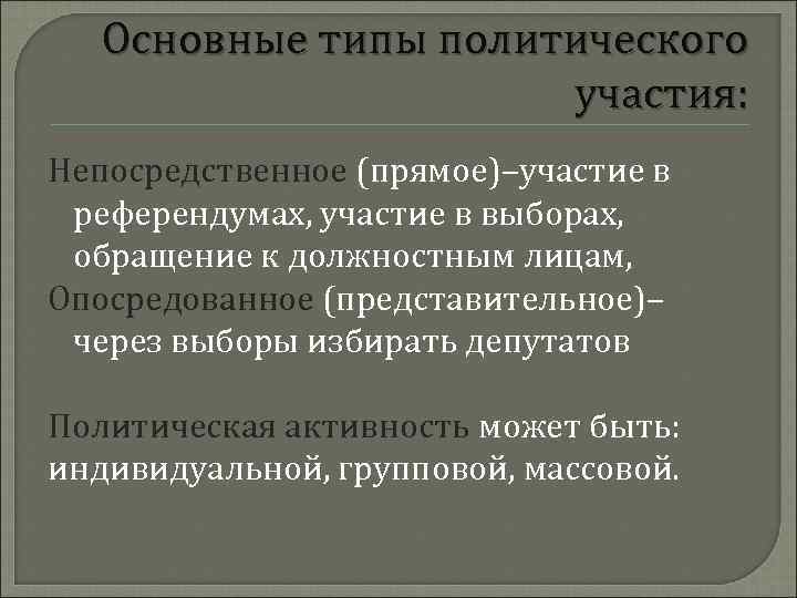   Основные типы политического    участия: Непосредственное (прямое)–участие в референдумах, участие