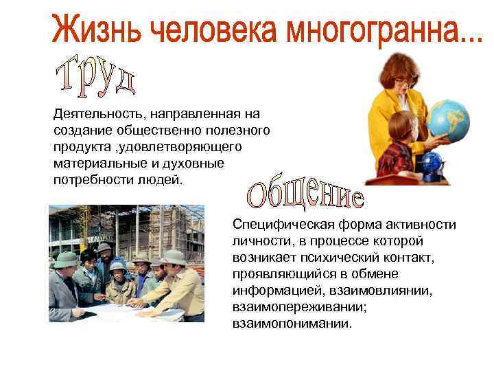 Деятельность, направленная на создание общественно полезного продукта , удовлетворяющего материальные и духовные потребности людей.